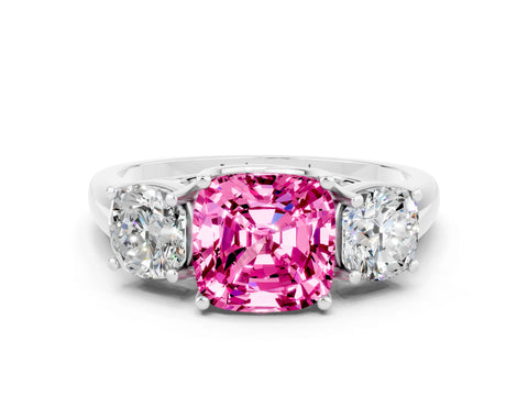 White gold Three-Stone Cushion Cut Pink Sapphire Engagement Ring with Prong Setting