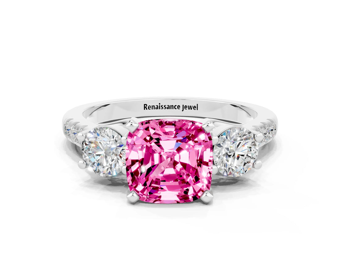 White gold Three-Stone Cushion Cut Pink Sapphire Pavé Band with Four-Prong Setting_24