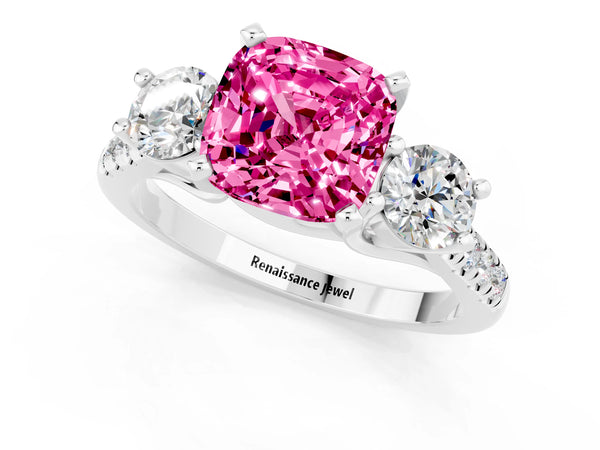 White gold Three-Stone Cushion Cut Pink Sapphire Pavé Band with Four-Prong Setting