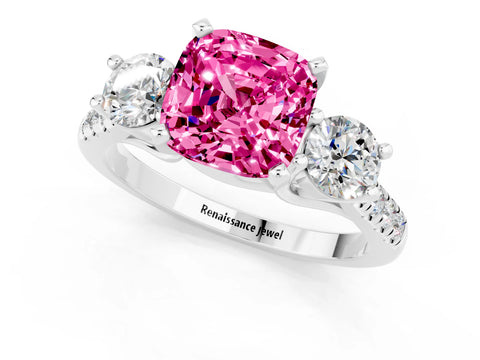 White gold Three-Stone Cushion Cut Pink Sapphire Pavé Band with Four-Prong Setting_25