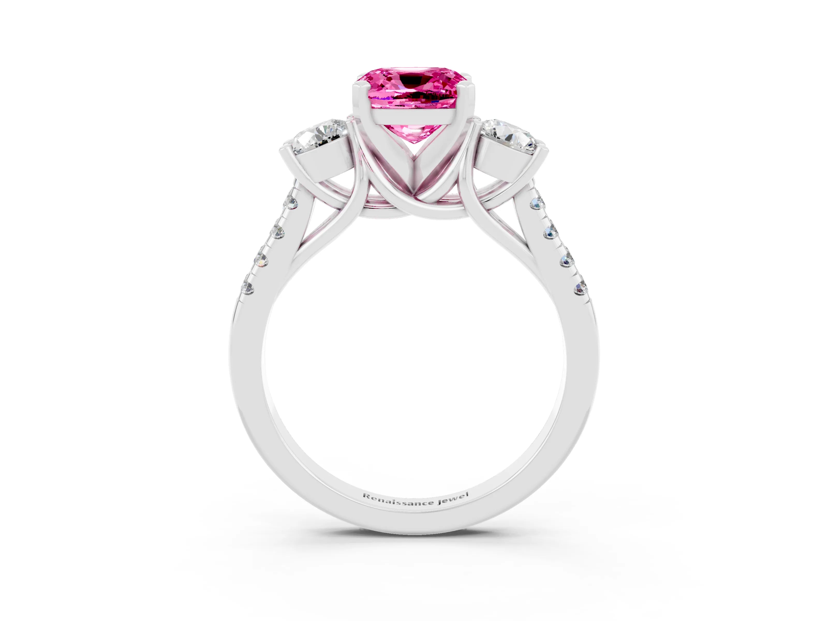 White gold Three-Stone Cushion Cut Pink Sapphire Pavé Band with Four-Prong Setting_27