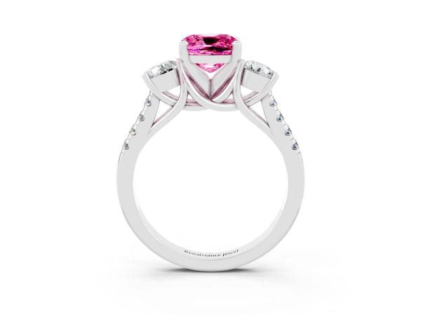 Platinum Three-Stone Cushion Cut Pink Sapphire Pavé Band with Four-Prong Setting