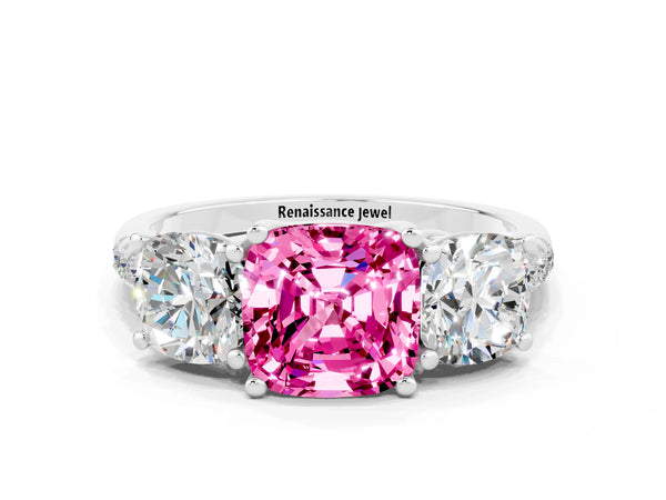 Silver Three-Stone Cushion Cut Pink Sapphire Ring with Round  Pavé Band and Prong Setting