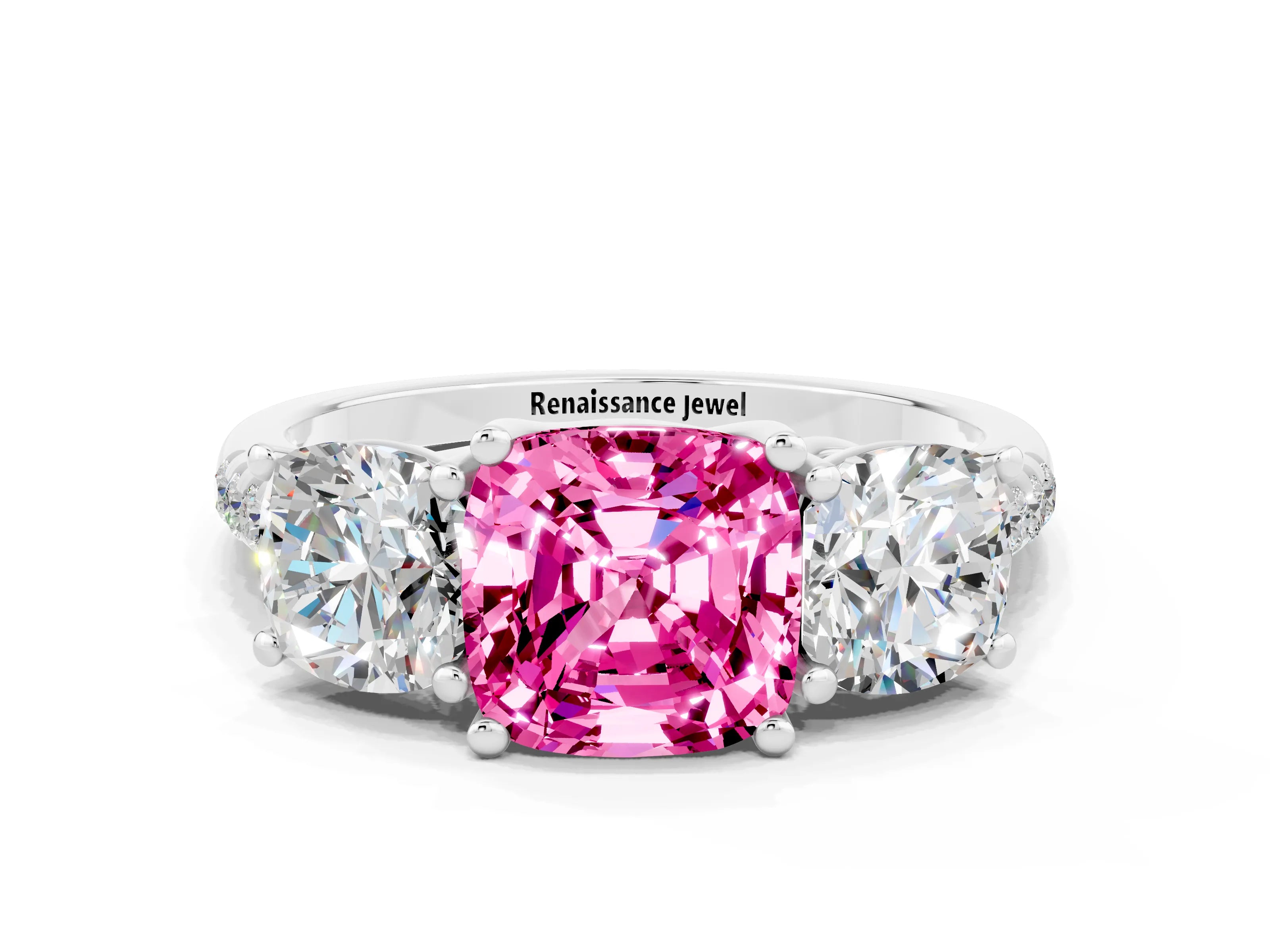 White gold Three-Stone Cushion Cut Pink Sapphire Ring with Pavé Band and Prong Setting_36
