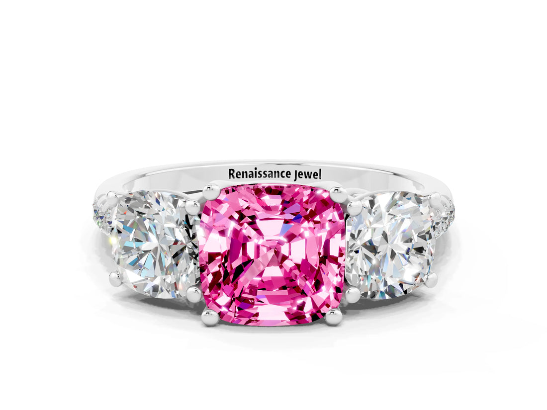 White gold Three-Stone Cushion Cut Pink Sapphire Ring with Pavé Band and Prong Setting_36