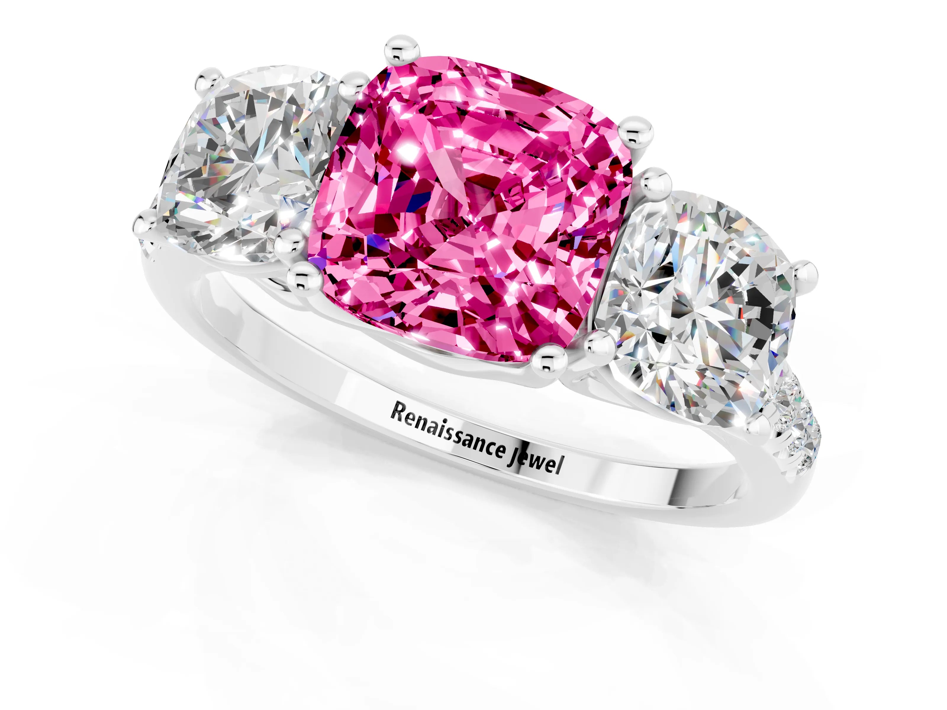 White gold Three-Stone Cushion Cut Pink Sapphire Ring with Pavé Band and Prong Setting_37