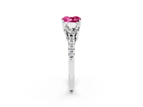 White gold Three-Stone Cushion Cut Pink Sapphire Ring with Pavé Band and Prong Setting_38