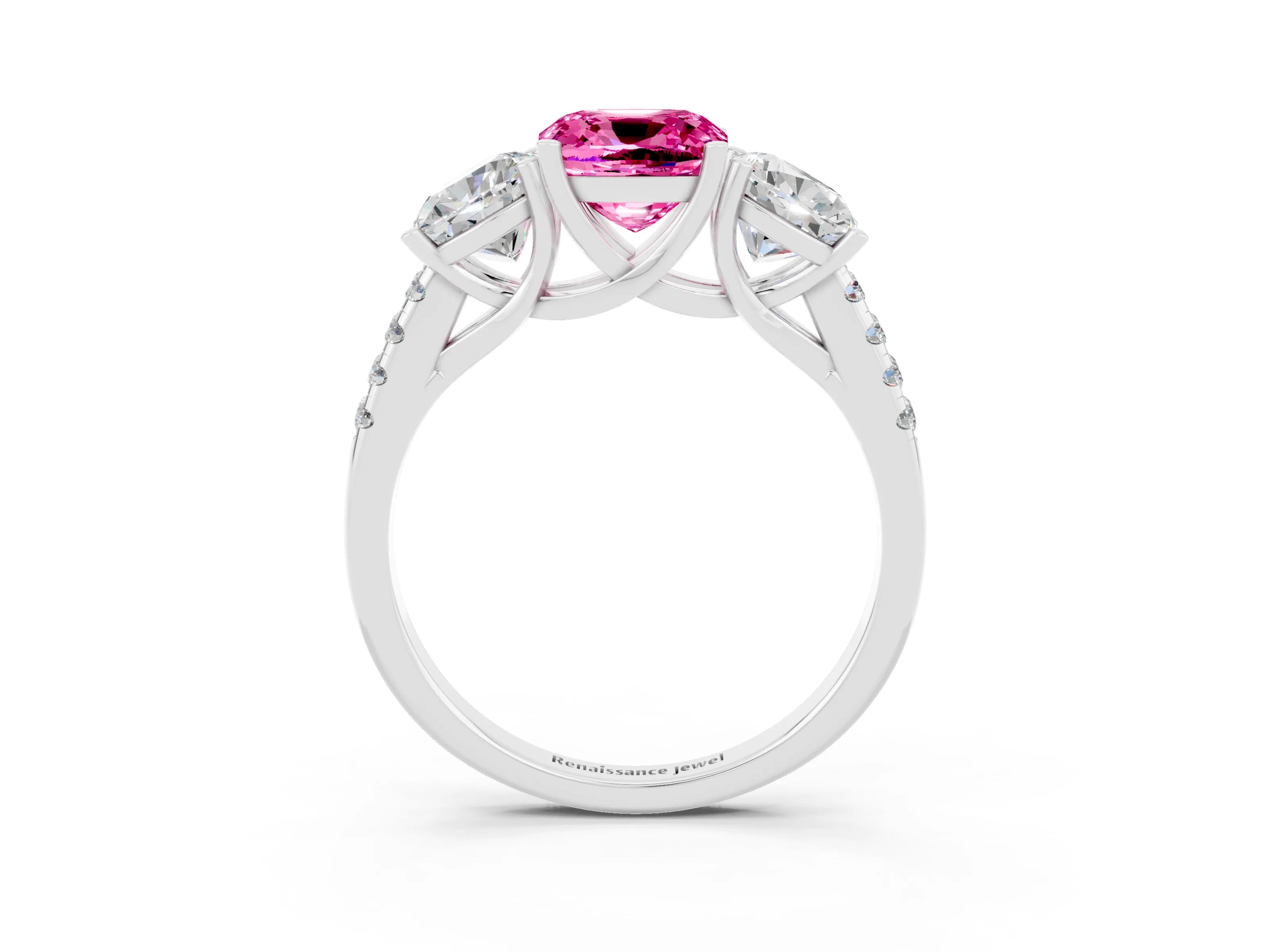 White gold Three-Stone Cushion Cut Pink Sapphire Ring with Pavé Band and Prong Setting_39
