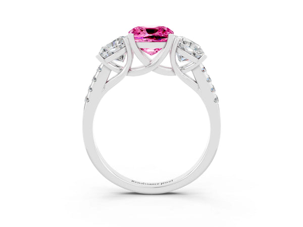 White gold Three-Stone Cushion Cut Pink Sapphire Ring with Round  Pavé Band and Prong Setting