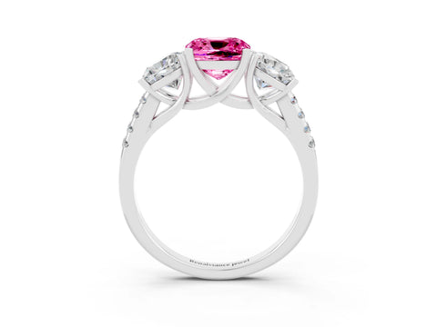 White gold Three-Stone Cushion Cut Pink Sapphire Ring with Pavé Band and Prong Setting_39
