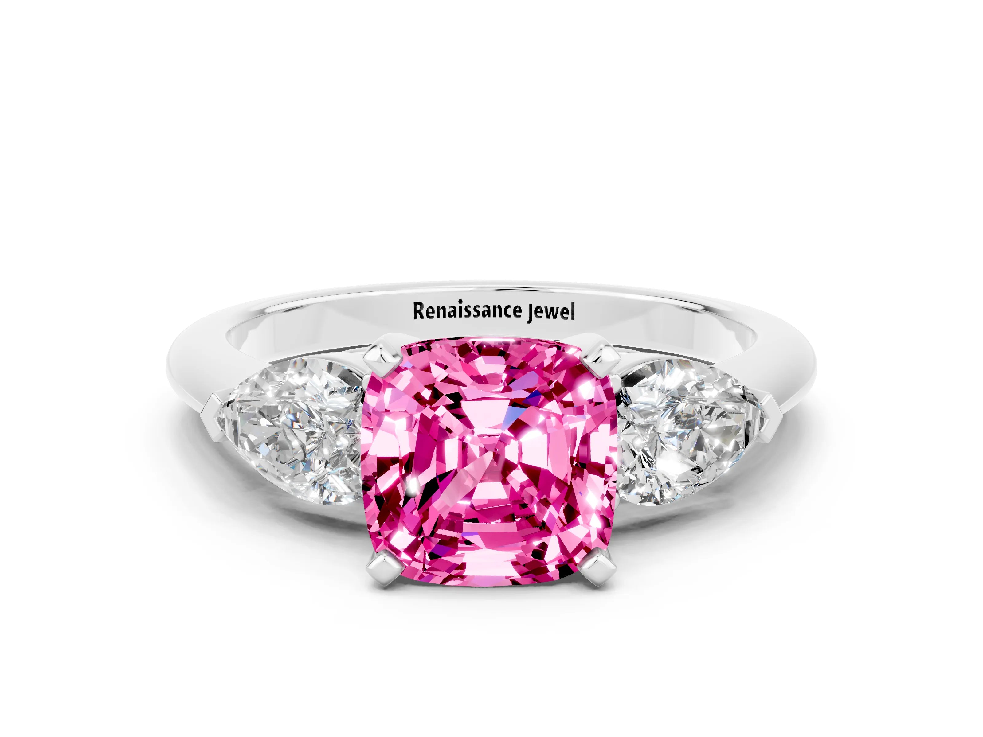 White gold Three-Stone Cushion Cut Pink Sapphire Ring with Pear Side Stones and Four-Prong Setting_24