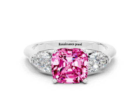 White gold Three-Stone Cushion Cut Pink Sapphire Ring with Pear Side Stones and Four-Prong Setting_24