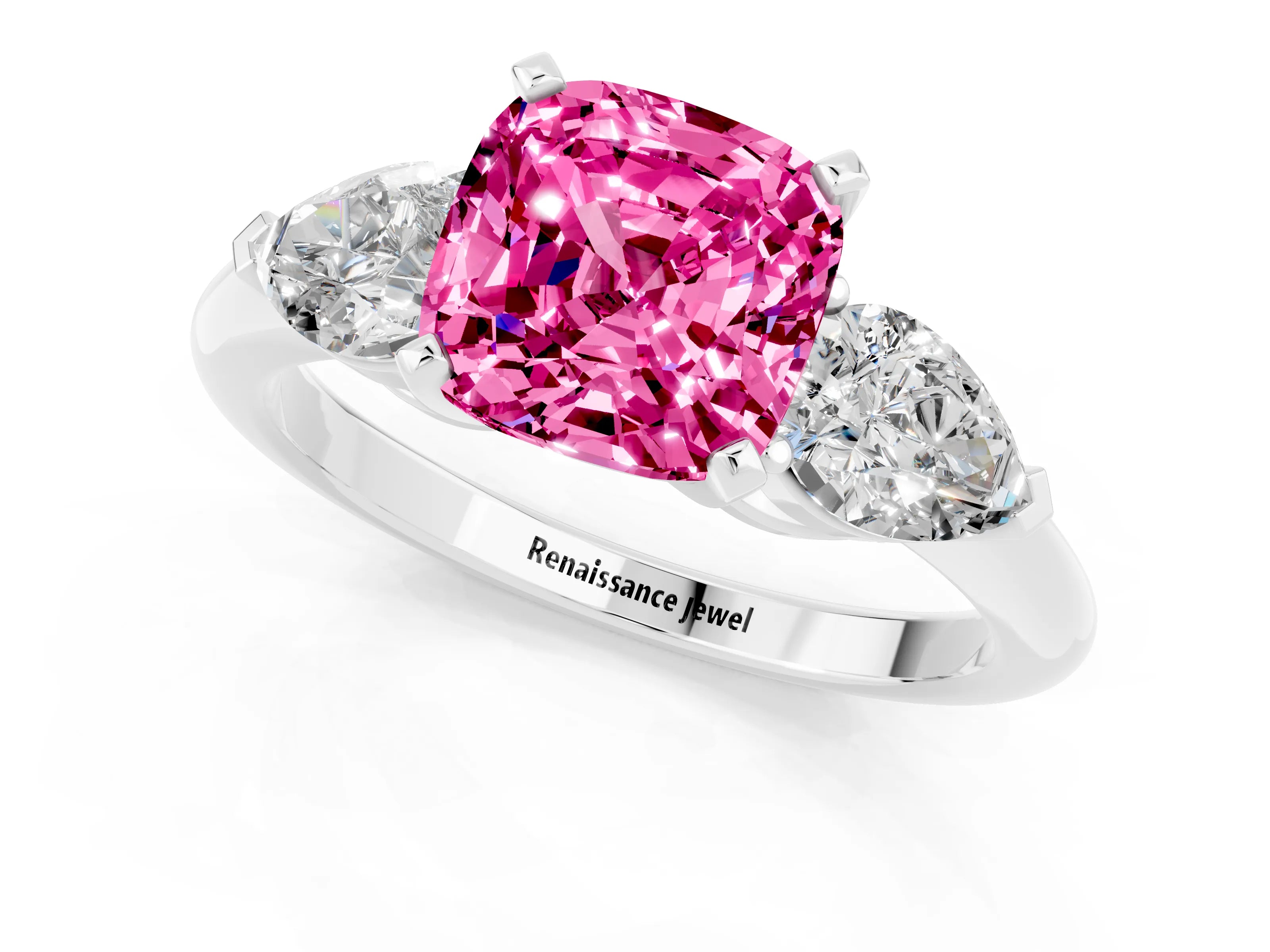 White gold Three-Stone Cushion Cut Pink Sapphire Ring with Pear Side Stones and Four-Prong Setting_25
