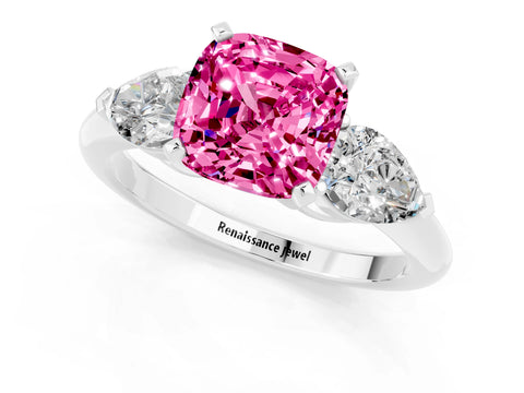 White gold Three-Stone Cushion Cut Pink Sapphire Ring with Pear Side Stones and Four-Prong Setting_25