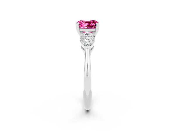 Silver Three-Stone Cushion Cut Pink Sapphire Ring with Pear Side Stones and Four-Prong Setting