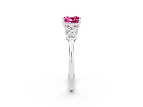 White gold Three-Stone Cushion Cut Pink Sapphire Ring with Pear Side Stones and Four-Prong Setting_26