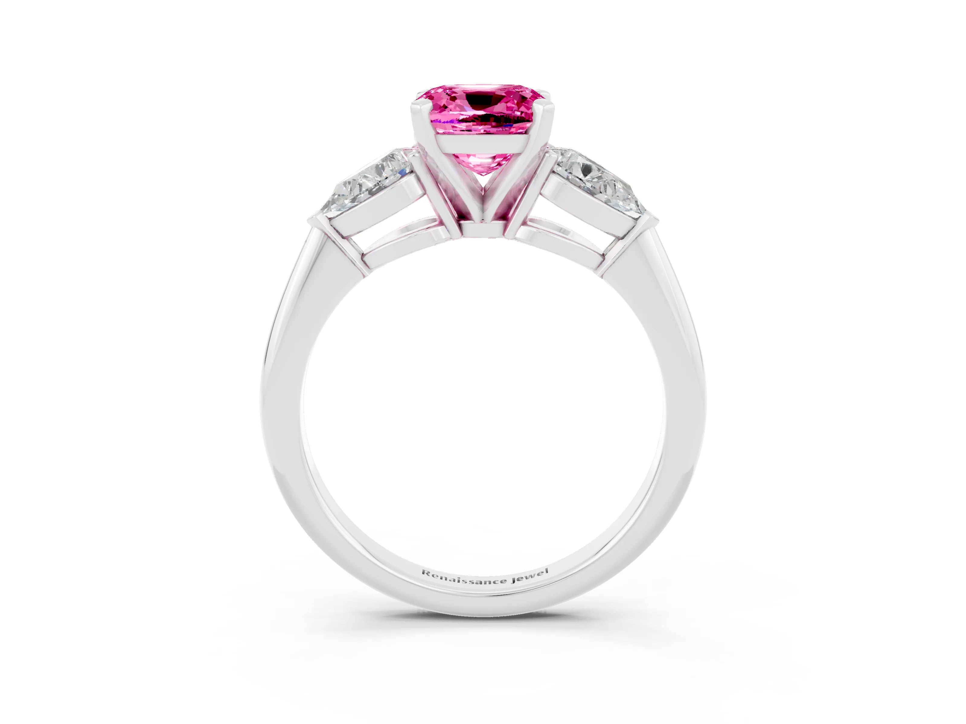 White gold Three-Stone Cushion Cut Pink Sapphire Ring with Pear Side Stones and Four-Prong Setting_27