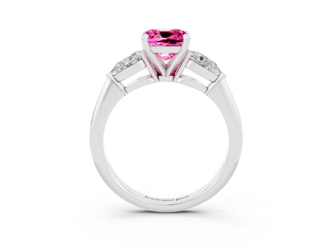White gold Three-Stone Cushion Cut Pink Sapphire Ring with Pear Side Stones and Four-Prong Setting_27