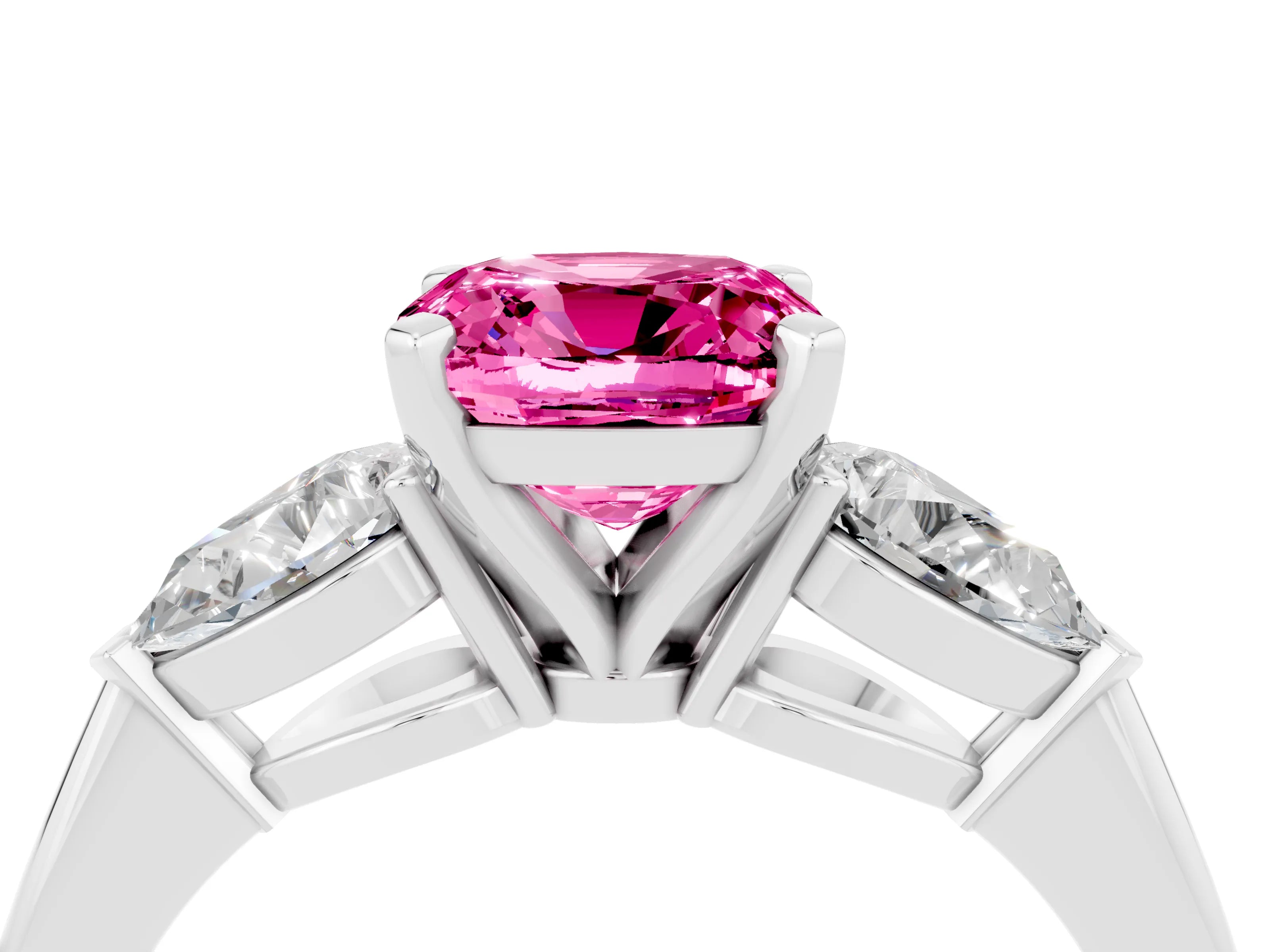 White gold Three-Stone Cushion Cut Pink Sapphire Ring with Pear Side Stones and Four-Prong Setting_28