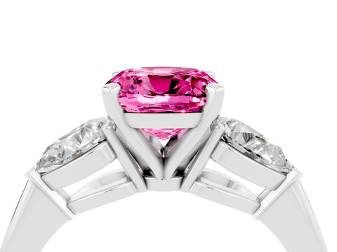 White gold Three-Stone Cushion Cut Pink Sapphire Ring with Pear Side Stones and Four-Prong Setting_28