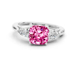 White gold Three-Stone Cushion Cut Pink Sapphire Ring with Pear  Side Stones in Four-Prong Setting_12