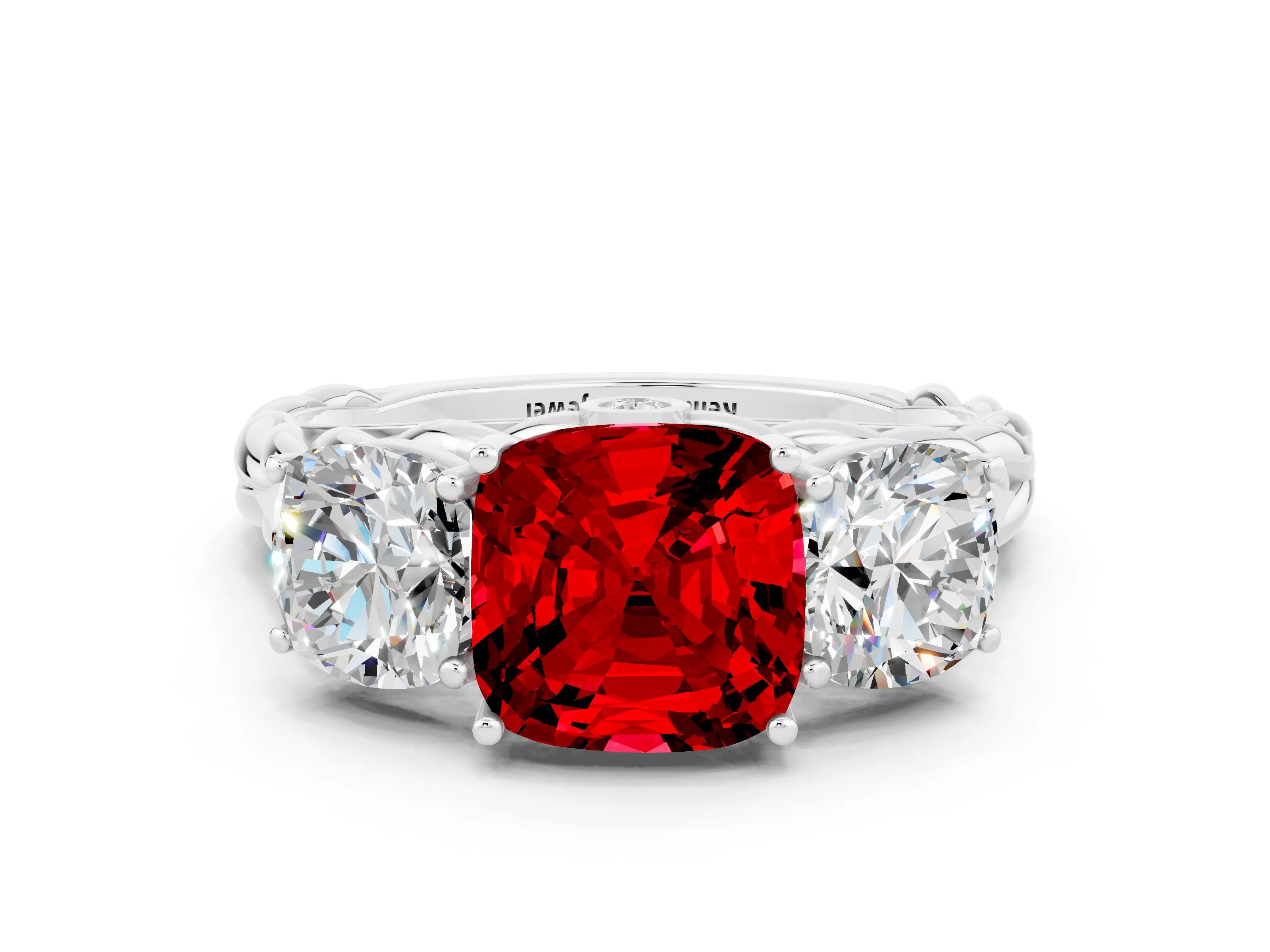 White gold Three-Stone Cushion Cut Ruby Braided Band Ring with Four-Prong Setting_44