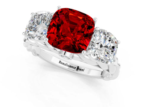 White gold Three-Stone Cushion Cut Ruby Braided Band Ring with Four-Prong Setting_45