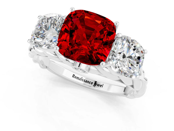 Platinum Three-Stone Cushion Cut Ruby Braided Band Ring with Four-Prong Setting