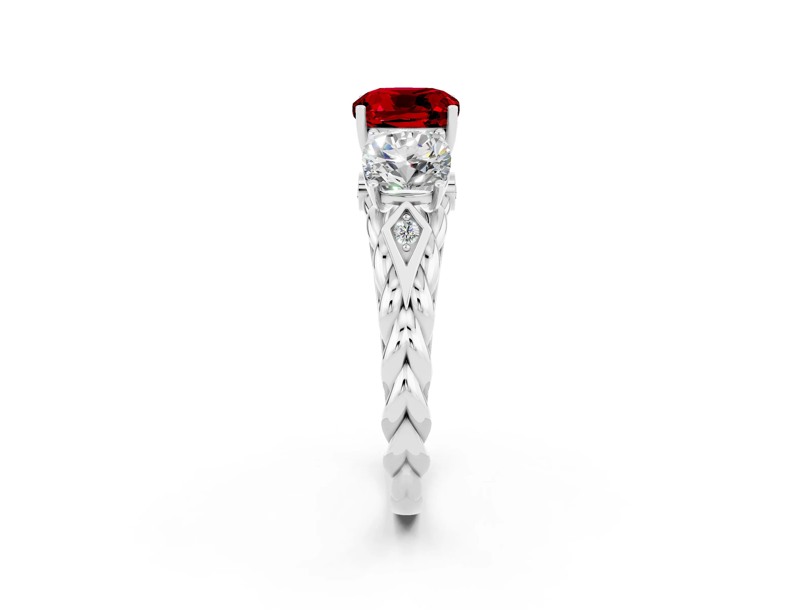 White gold Three-Stone Cushion Cut Ruby Braided Band Ring with Four-Prong Setting_50