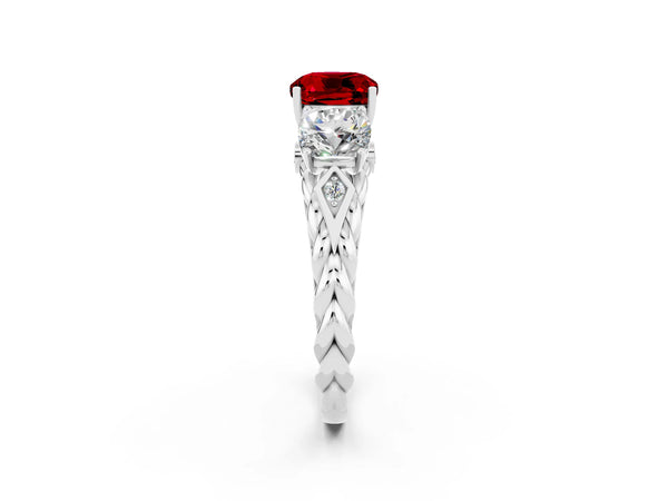 Platinum Three-Stone Cushion Cut Ruby Braided Band Ring with Four-Prong Setting