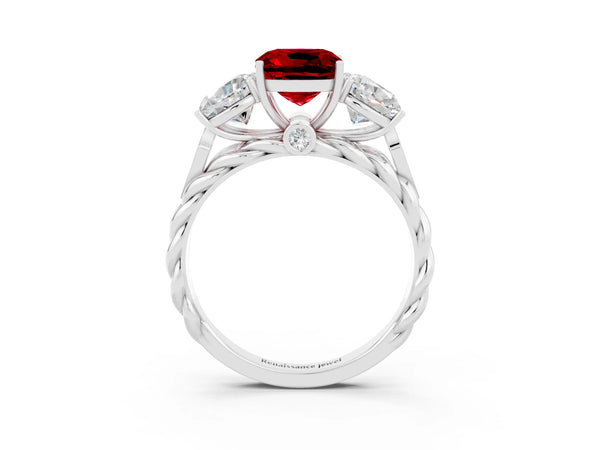 Platinum Three-Stone Cushion Cut Ruby Braided Band Ring with Four-Prong Setting