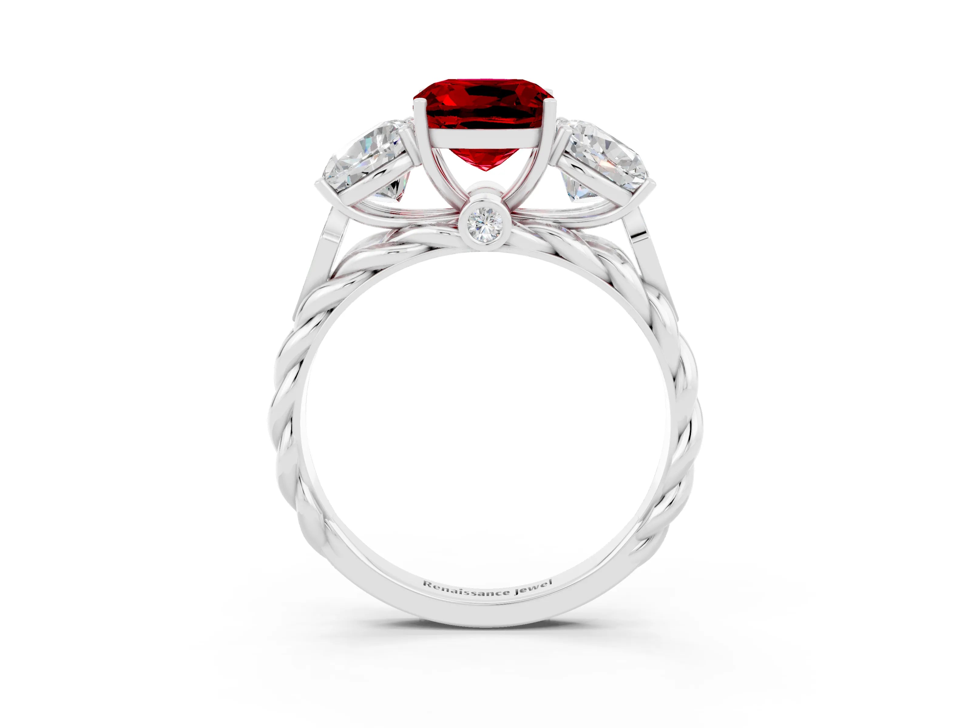 White gold Three-Stone Cushion Cut Ruby Braided Band Ring with Four-Prong Setting_51