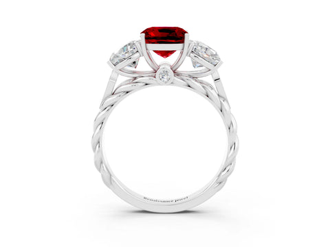 White gold Three-Stone Cushion Cut Ruby Braided Band Ring with Four-Prong Setting_51