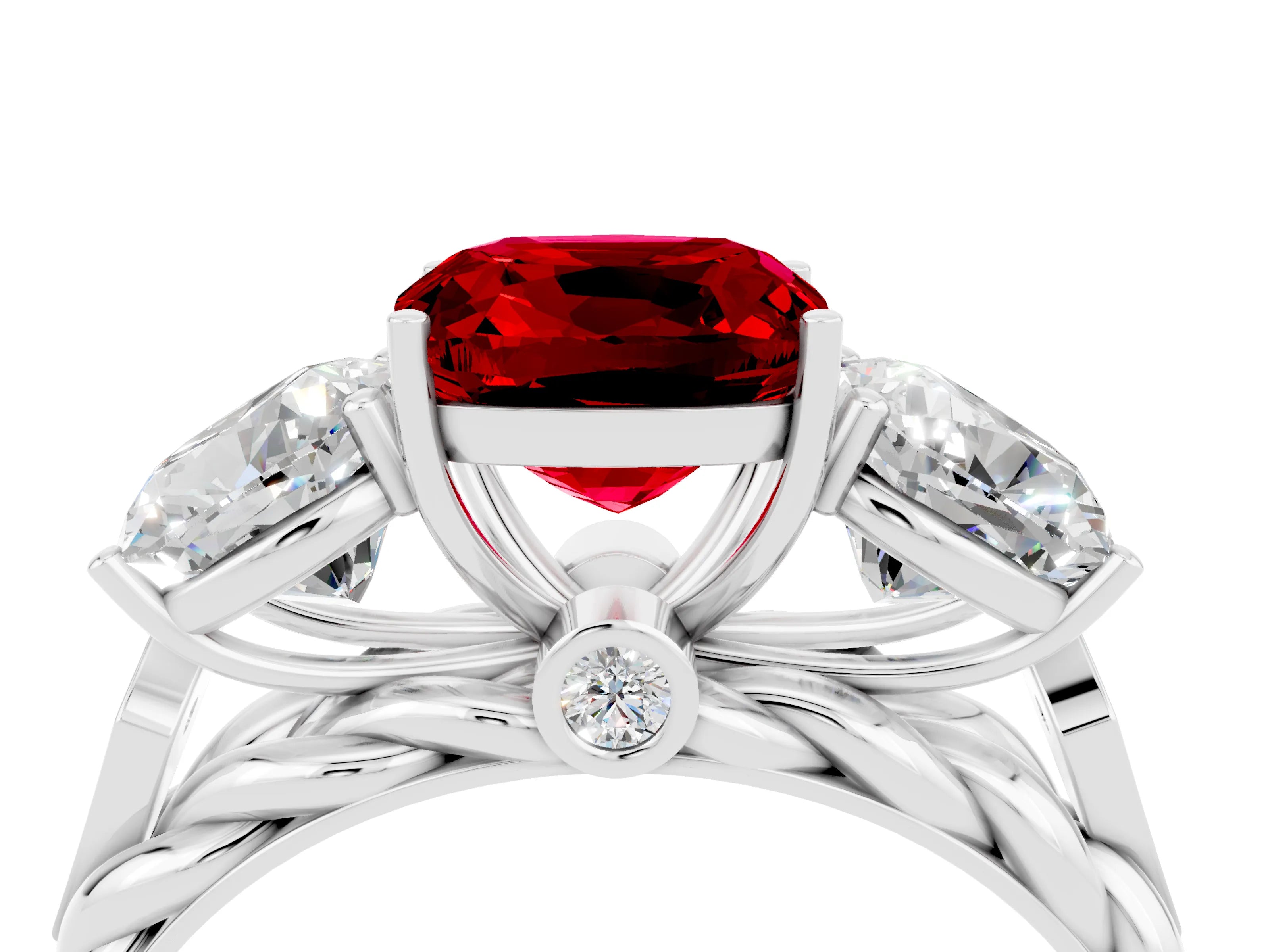 White gold Three-Stone Cushion Cut Ruby Braided Band Ring with Four-Prong Setting_52
