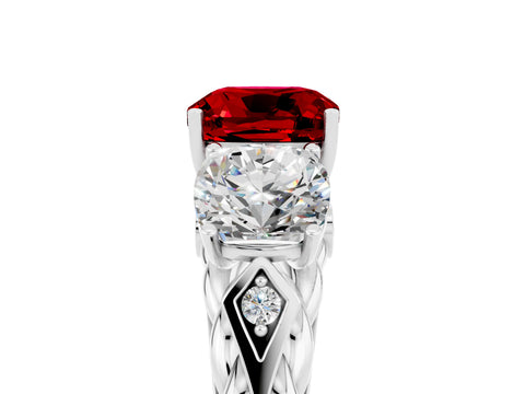 White gold Three-Stone Cushion Cut Ruby Braided Band Ring with Four-Prong Setting_53
