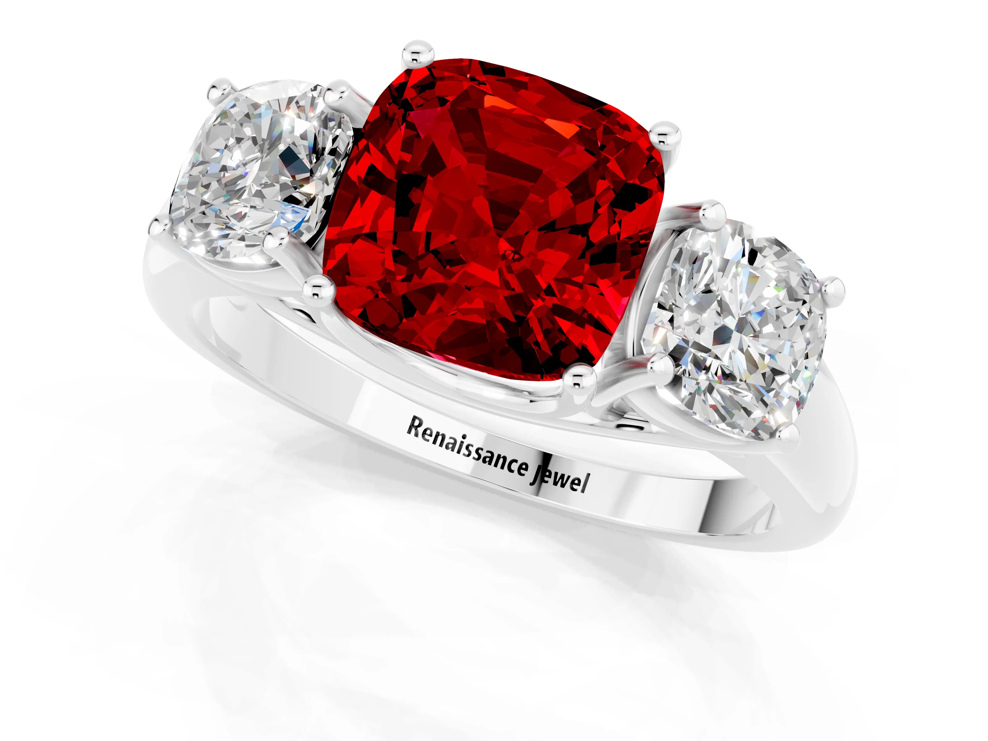 White gold Three-Stone Cushion Cut Ruby Engagement Ring with Prong Setting_1
