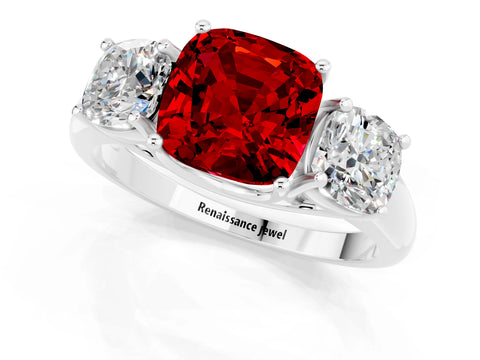 White gold Three-Stone Cushion Cut Ruby Engagement Ring with Prong Setting_1