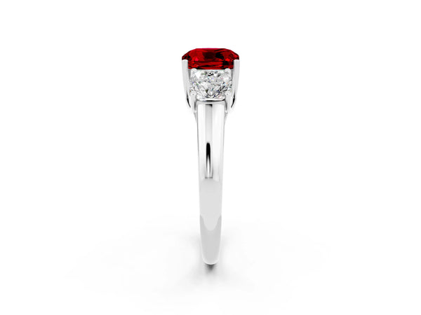 Silver Three-Stone Cushion Cut Ruby Engagement Ring with Prong Setting