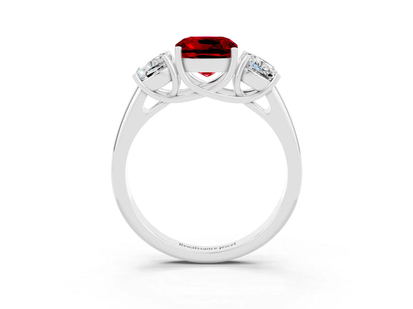 White gold Three-Stone Cushion Cut Ruby Engagement Ring with Prong Setting