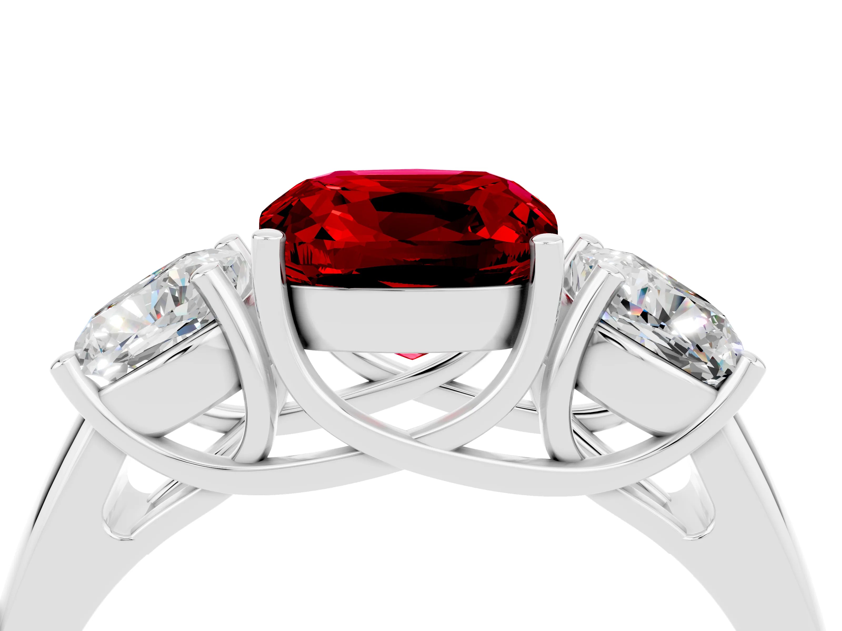 White gold Three-Stone Cushion Cut Ruby Engagement Ring with Prong Setting_4