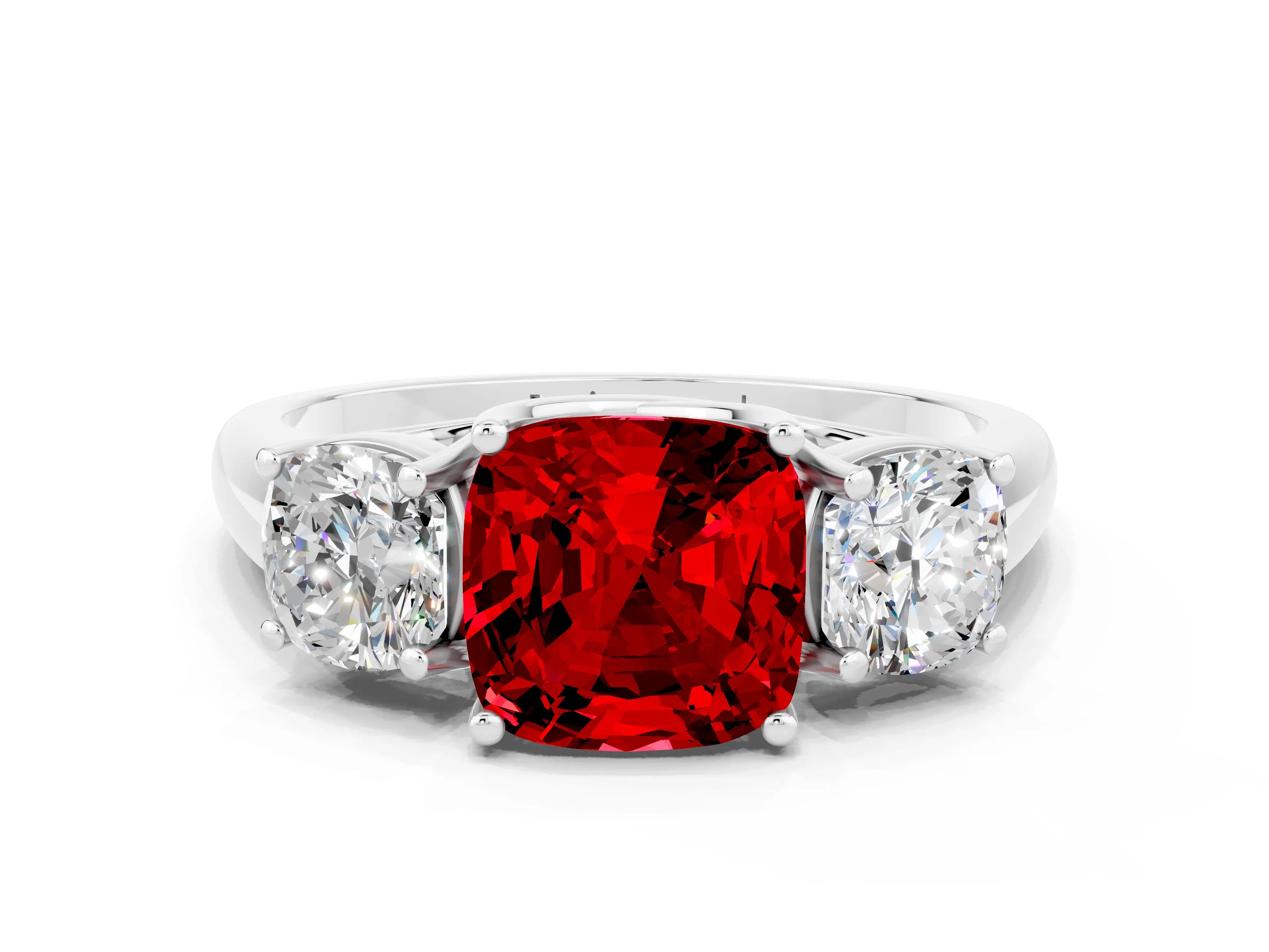 White gold Three-Stone Cushion Cut Ruby Engagement Ring with Prong Setting