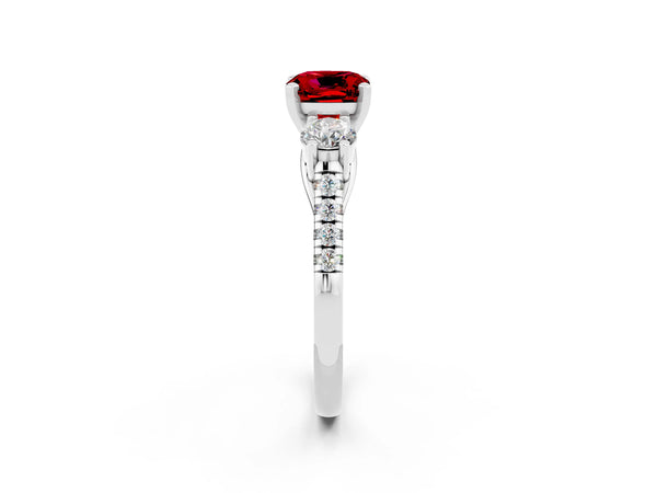 Platinum Three-Stone Cushion Cut Ruby Pavé Band with Four-Prong Setting