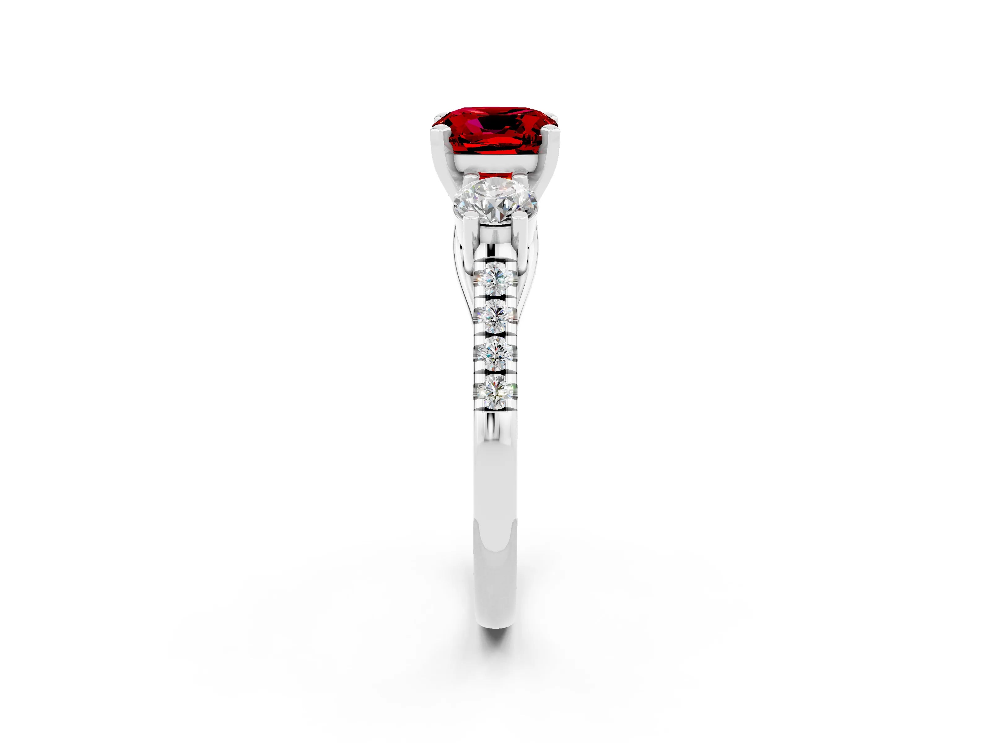 White gold Three-Stone Cushion Cut Ruby Pavé Band with Four-Prong Setting_2