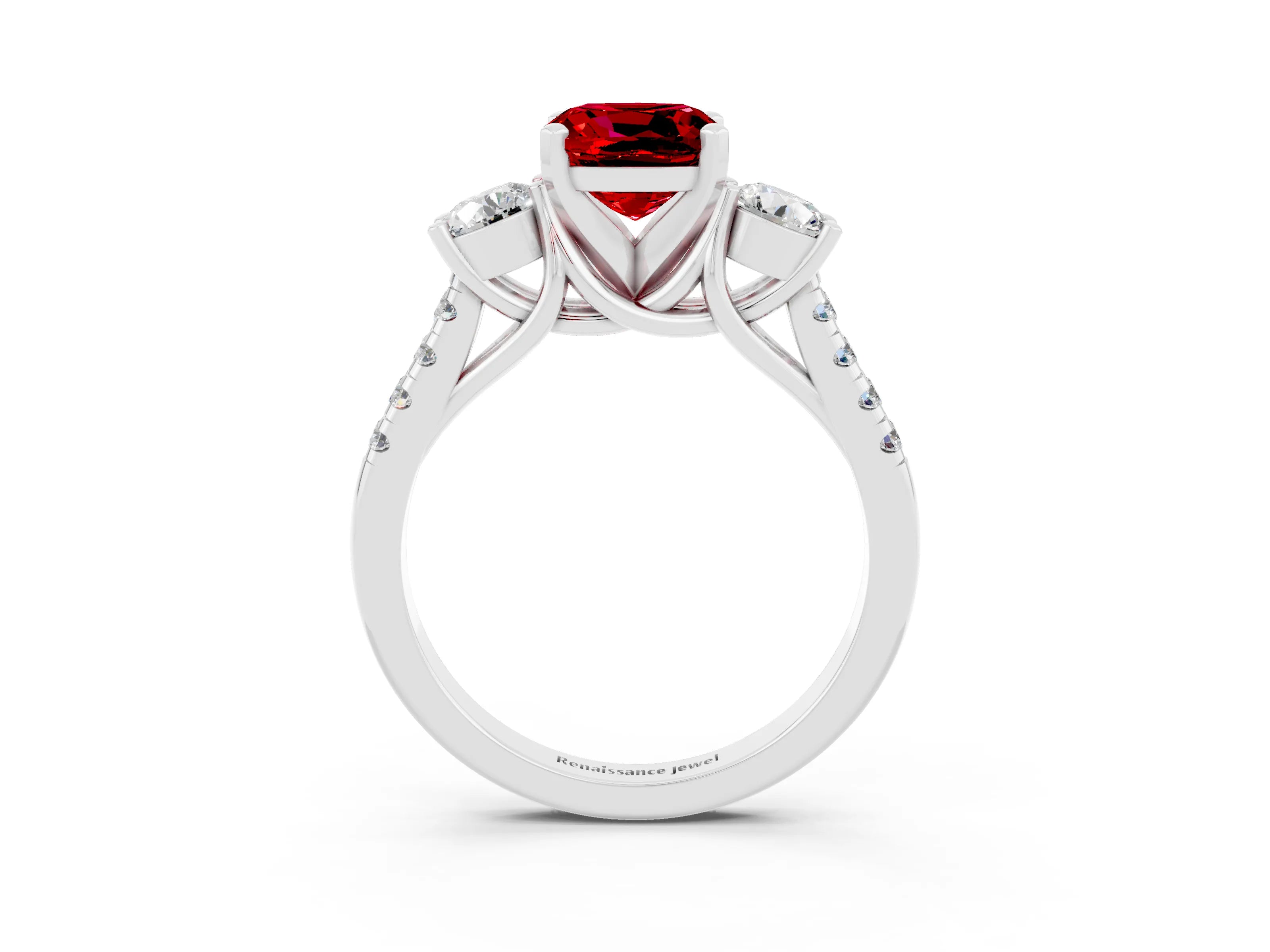 White gold Three-Stone Cushion Cut Ruby Pavé Band with Four-Prong Setting_3