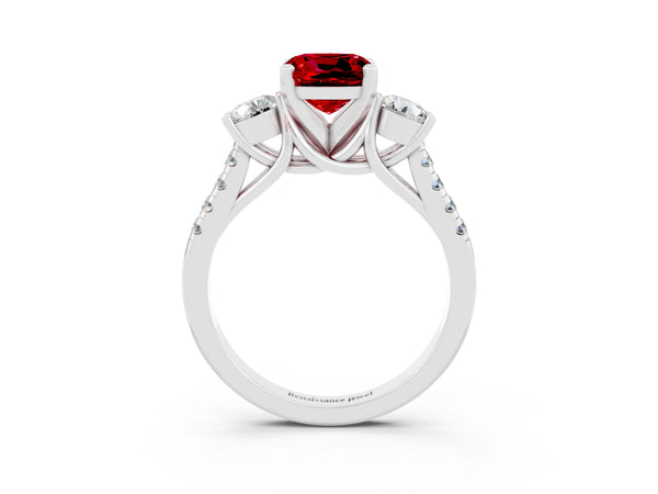 Silver Three-Stone Cushion Cut Ruby Pavé Band with Four-Prong Setting