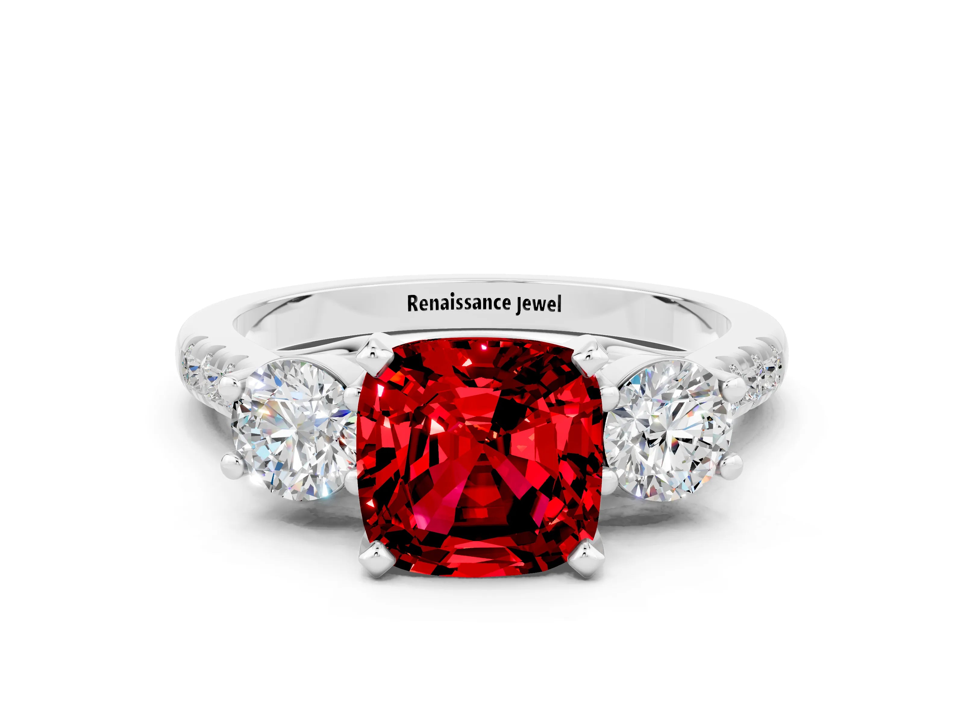 White gold Three-Stone Cushion Cut Ruby Pavé Band with Four-Prong Setting