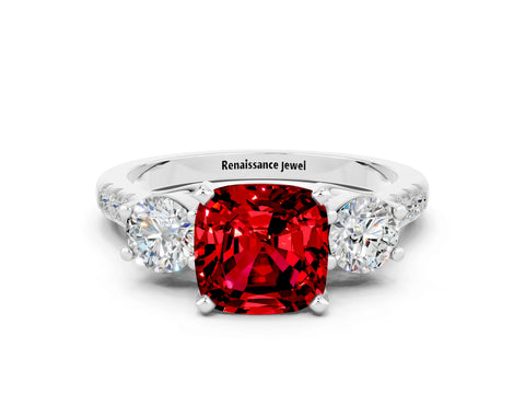 White gold Three-Stone Cushion Cut Ruby Pavé Band with Four-Prong Setting