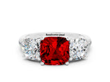 White gold Three-Stone Cushion Cut Ruby Ring with Pavé Band and Prong Setting_12