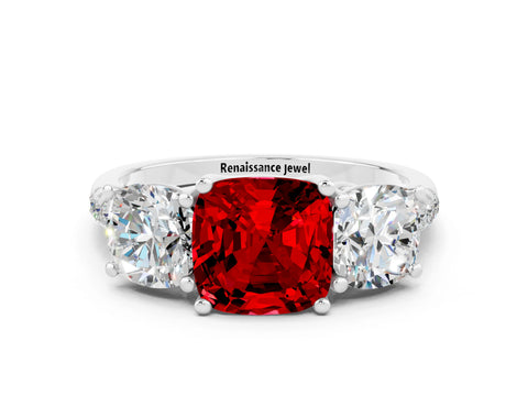 White gold Three-Stone Cushion Cut Ruby Ring with Pavé Band and Prong Setting_12