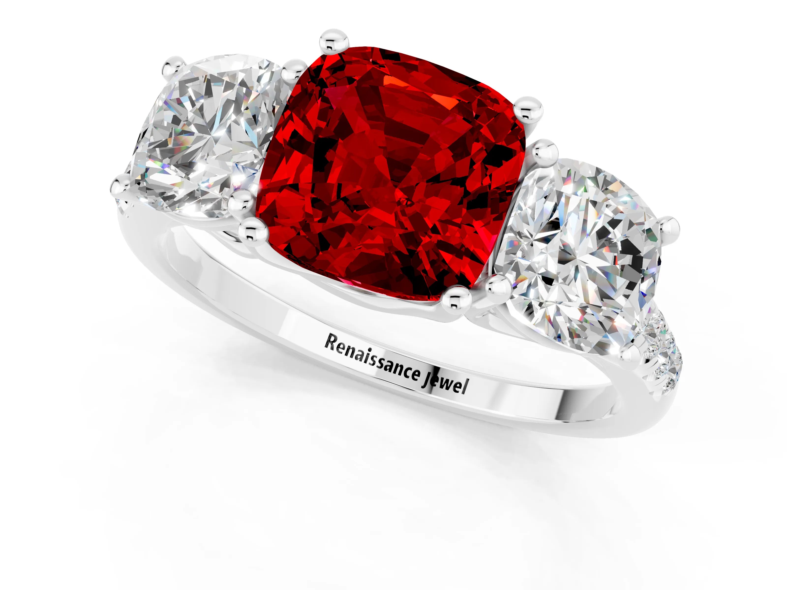 White gold Three-Stone Cushion Cut Ruby Ring with Pavé Band and Prong Setting_13